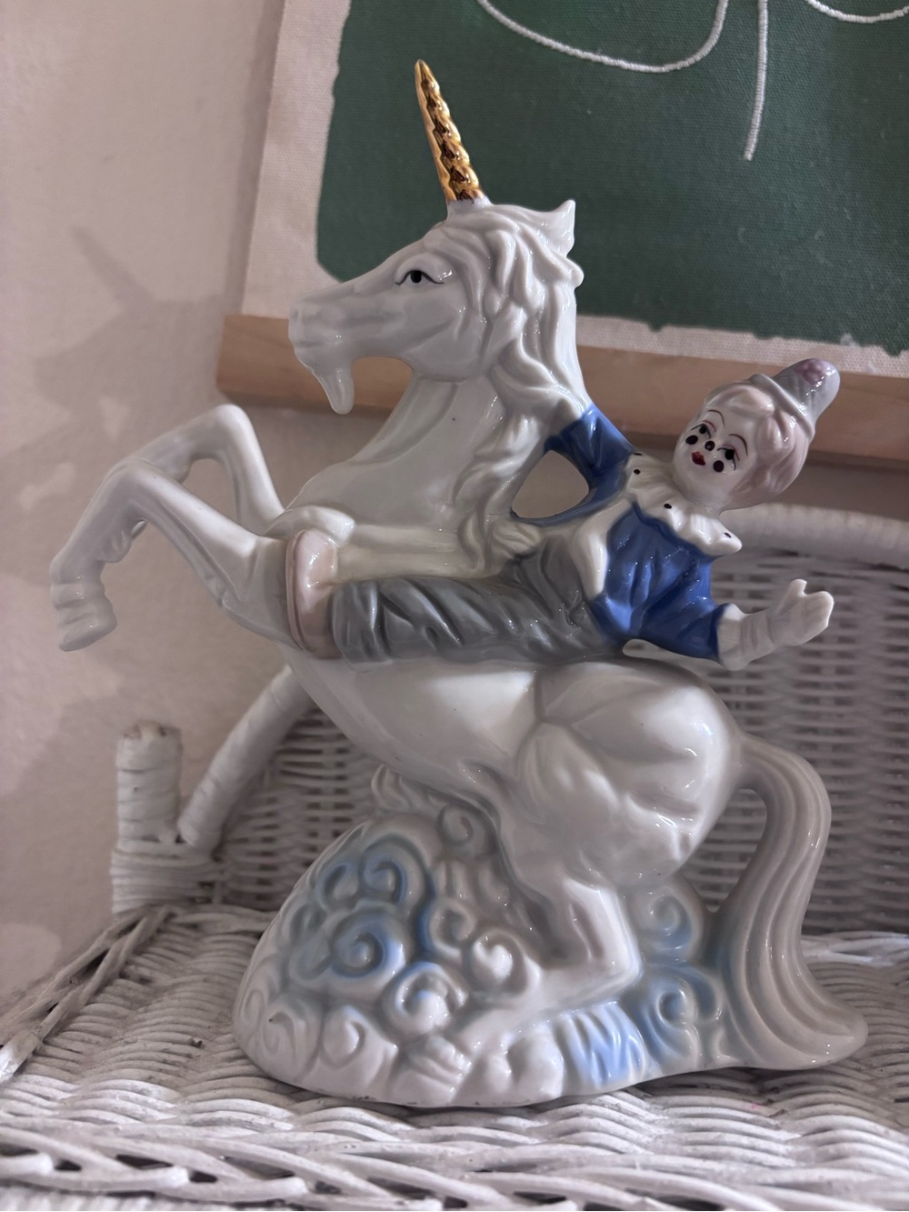Porcelain Unicorn Figurine with Clown Accent - White and Blue